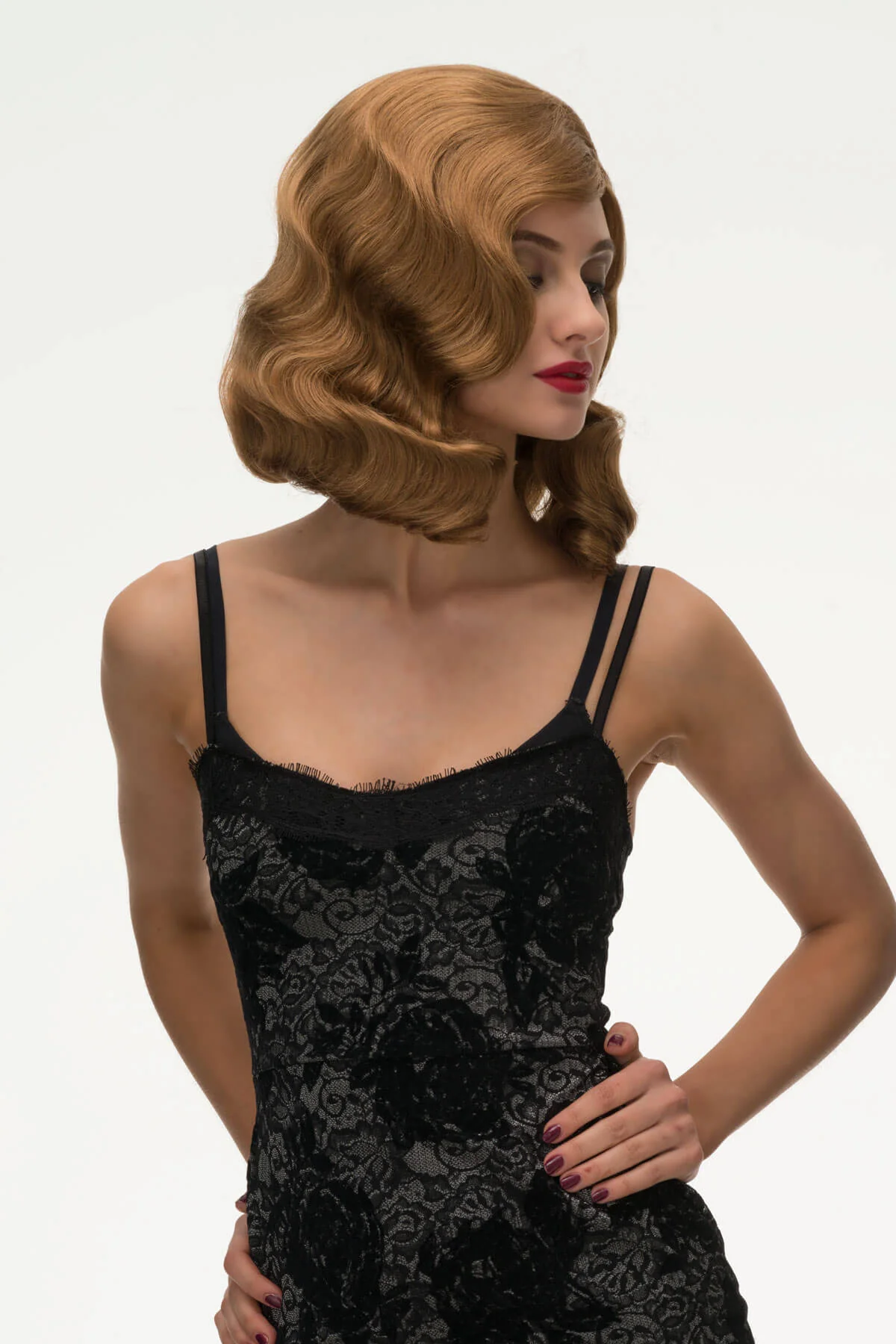 Brown, shoulder length, pinup style wig with finger waves: Honey - Image 11