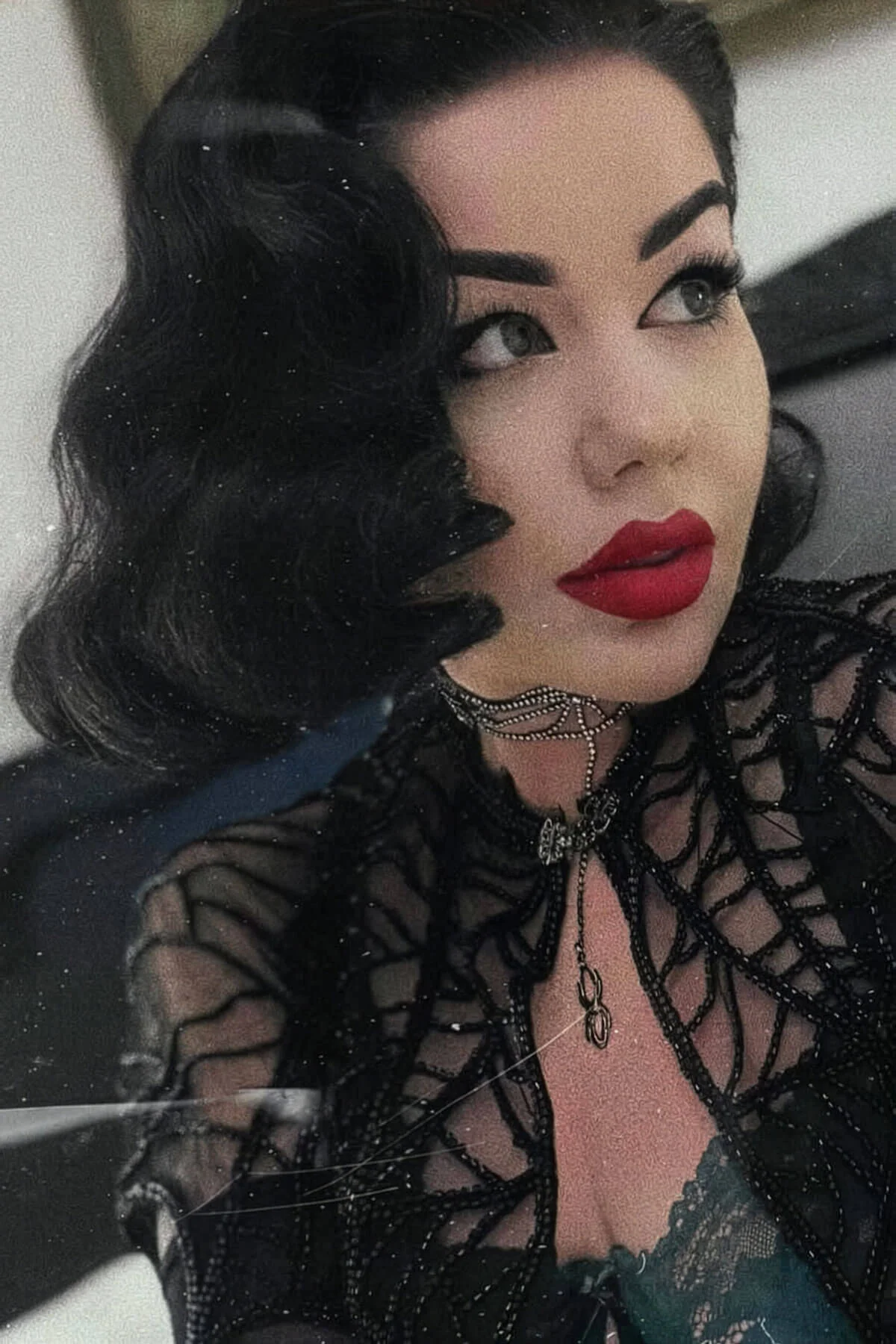 Black lace front wig, pinup/vintage style, mid length with finger waves: Lilith - Image 2
