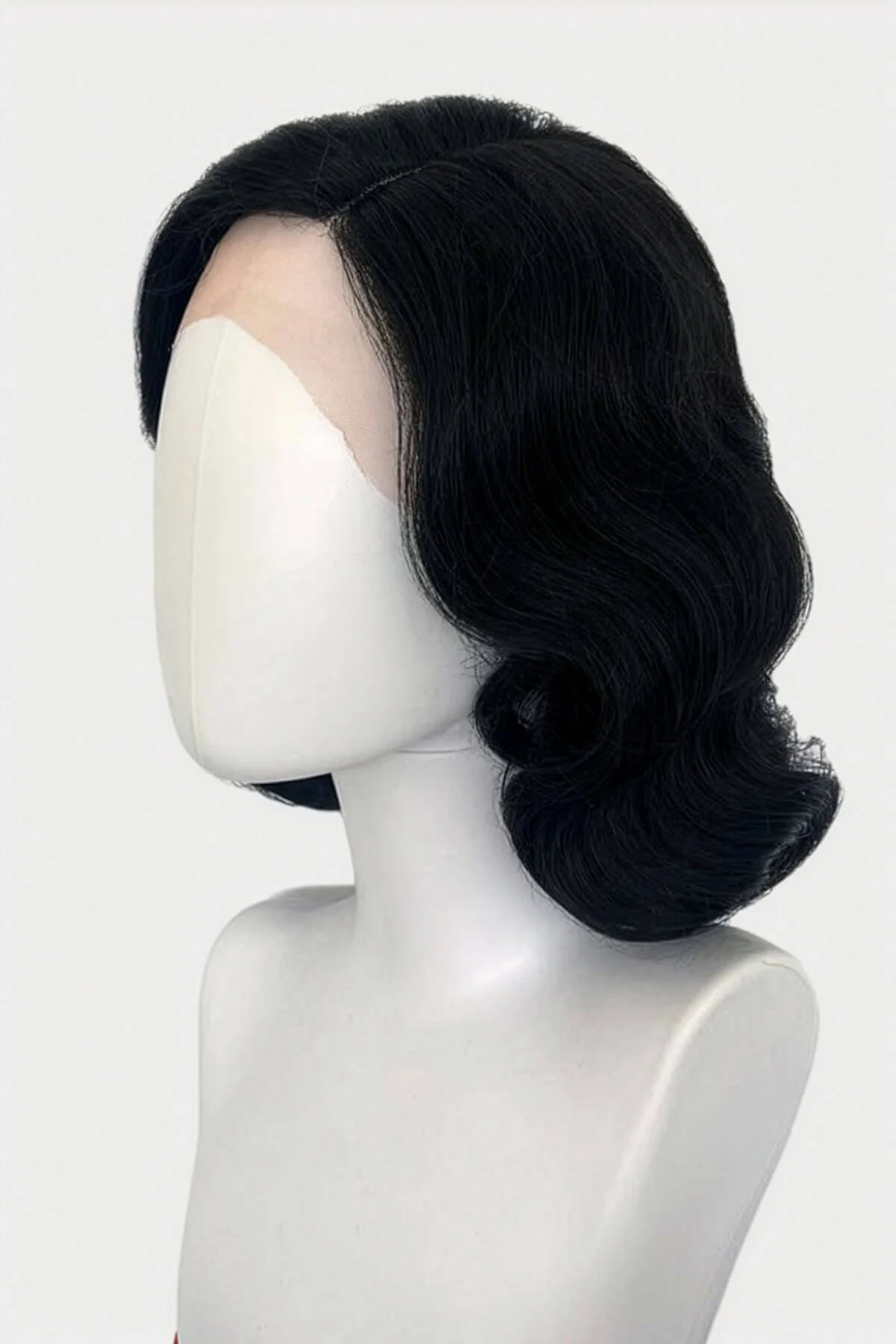 Black lace front wig, pinup/vintage style, mid length with finger waves: Lilith - Image 4