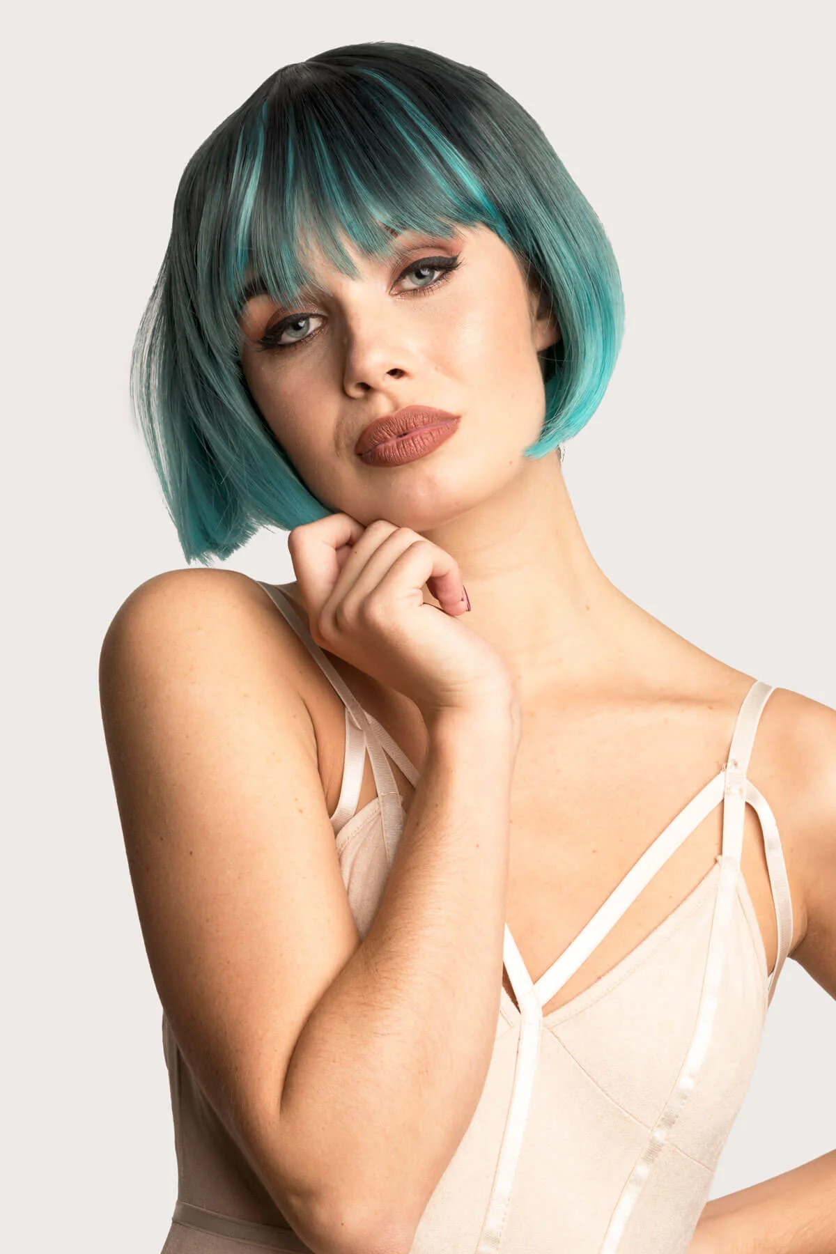 Bob wig, black ombre blending to turquoise blue: Amara - Image 3