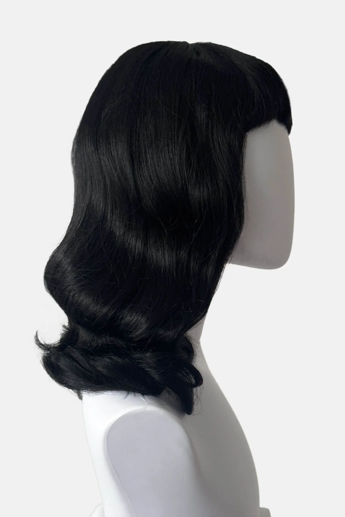 Black pin-up style wig, curled with short fringe: Bettie - Image 3