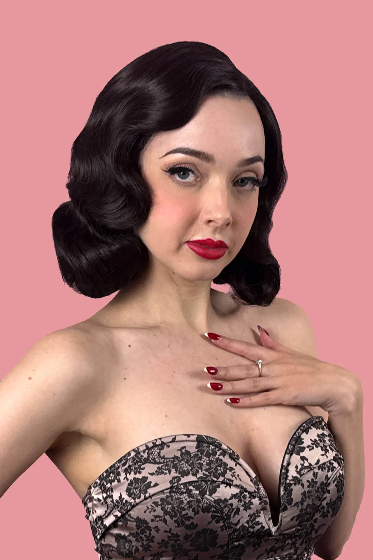Brown lace front wig, pinup/vintage style, mid length with finger waves: Agatha - Image 2