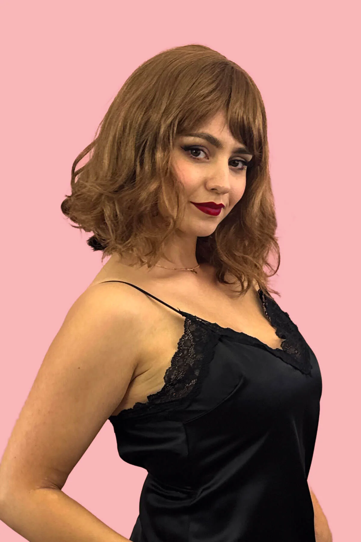 Brown long wavy bob (lob) wig with swept fringe: Clover - Image 2