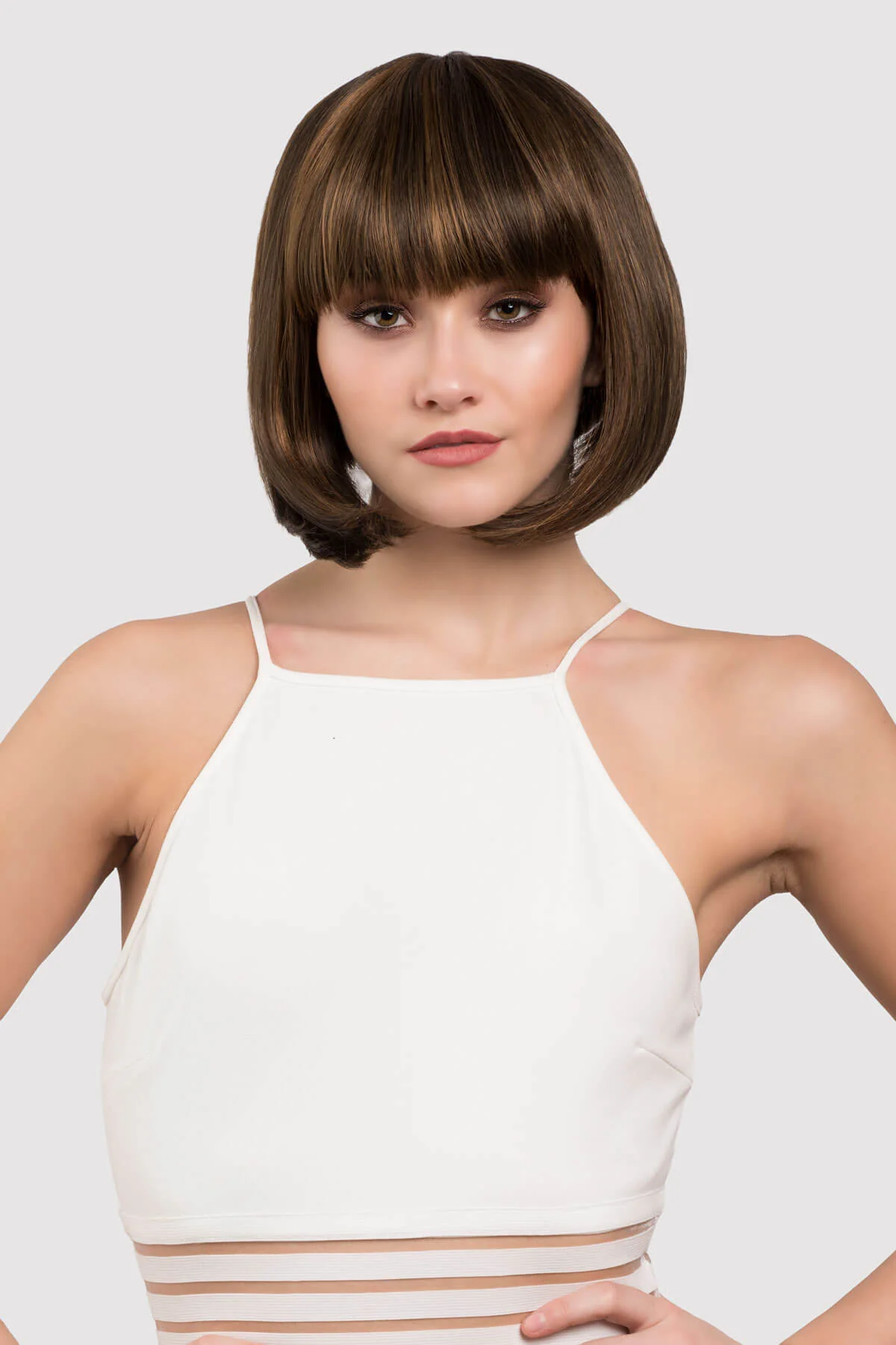 Chocolate brown inverted bob wig with blonde highlights: Keira - Image 2