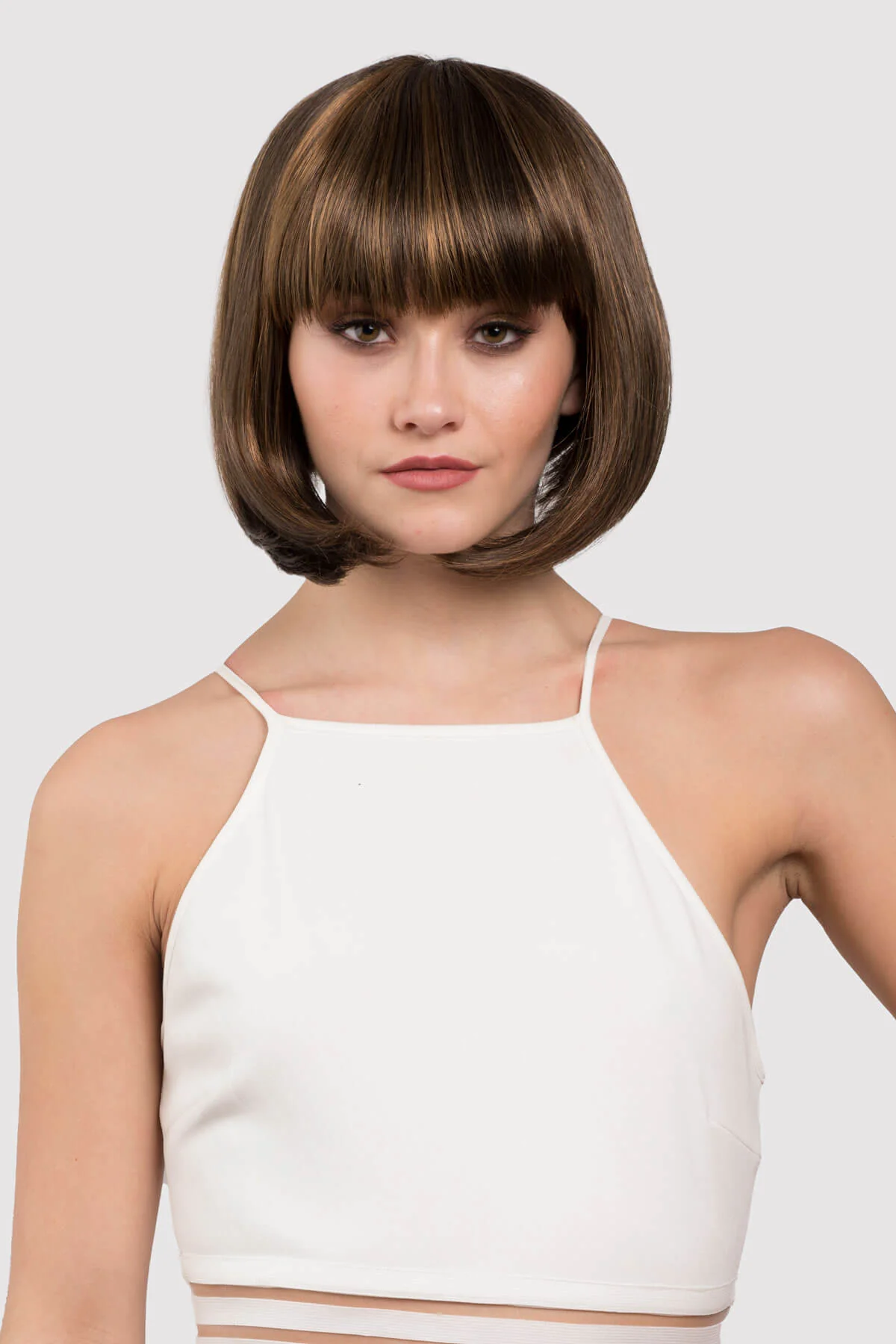 Chocolate brown inverted bob wig with blonde highlights: Keira - Image 3