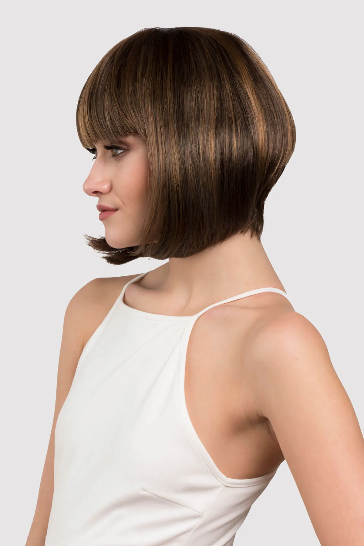 Chocolate brown inverted bob wig with blonde highlights: Keira - Image 4