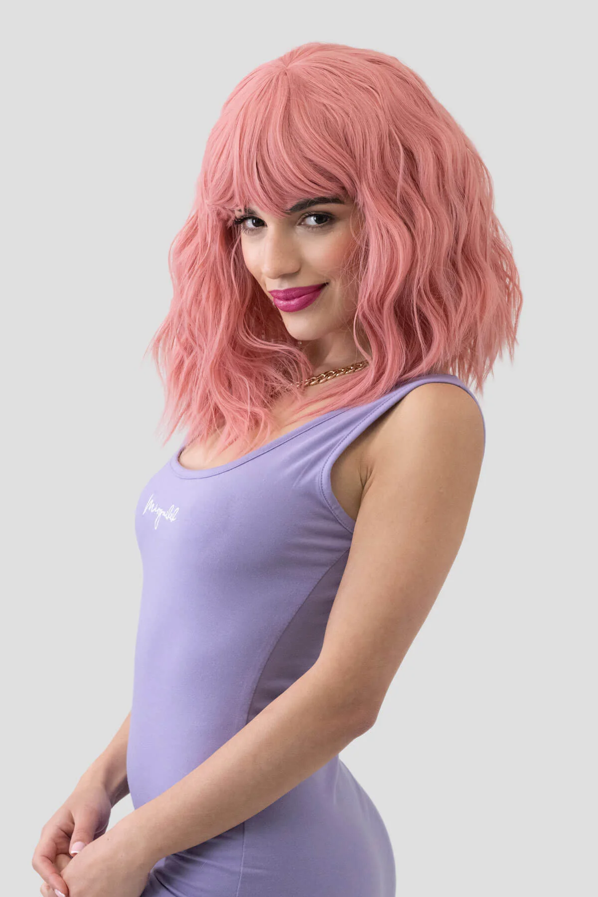 Dusty pink long wavy bob wig (LOB) with textured waves: Fearne - Image 3