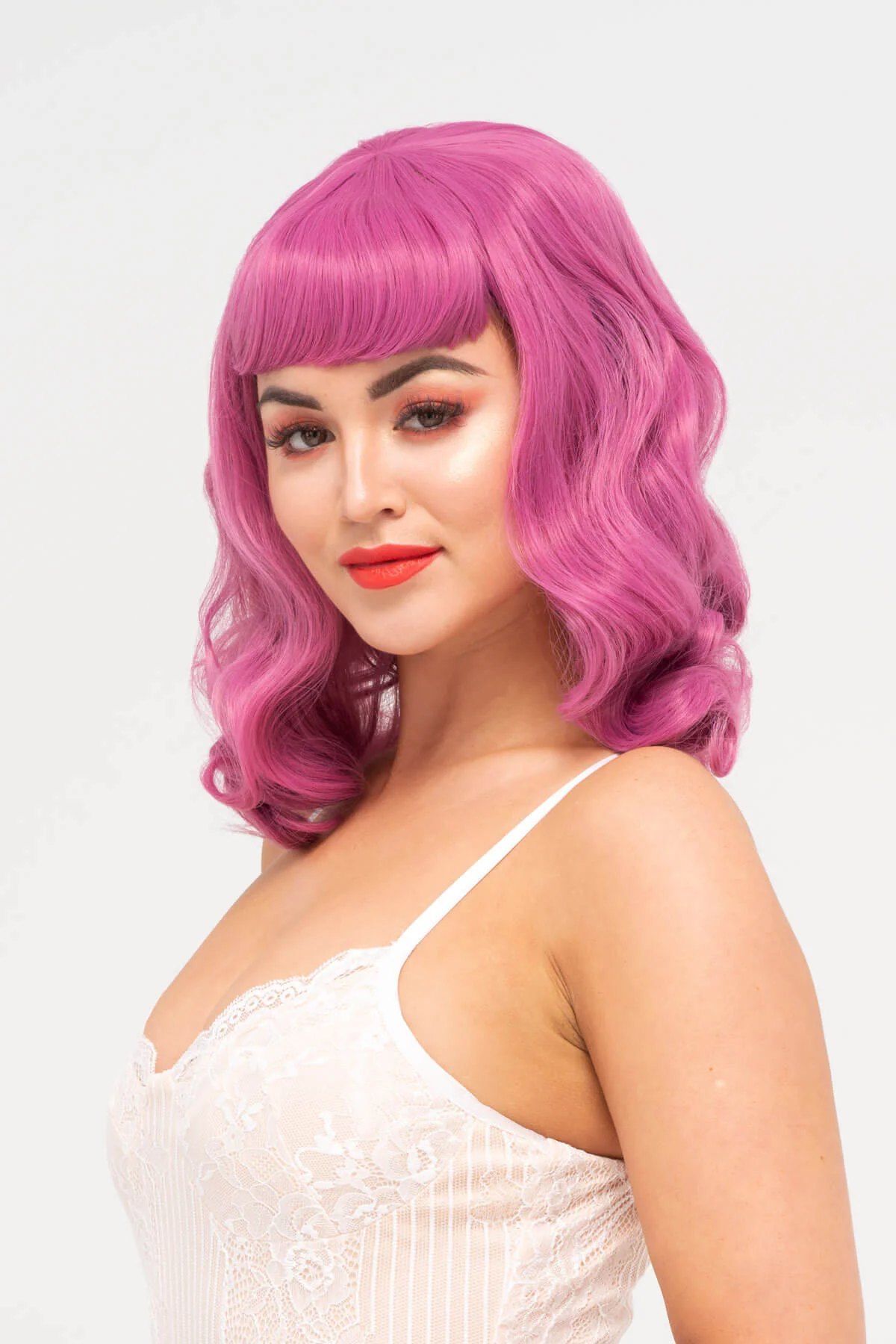 Pink pinup style wig, with finger waves and a short fringe: Stevie - Image 10