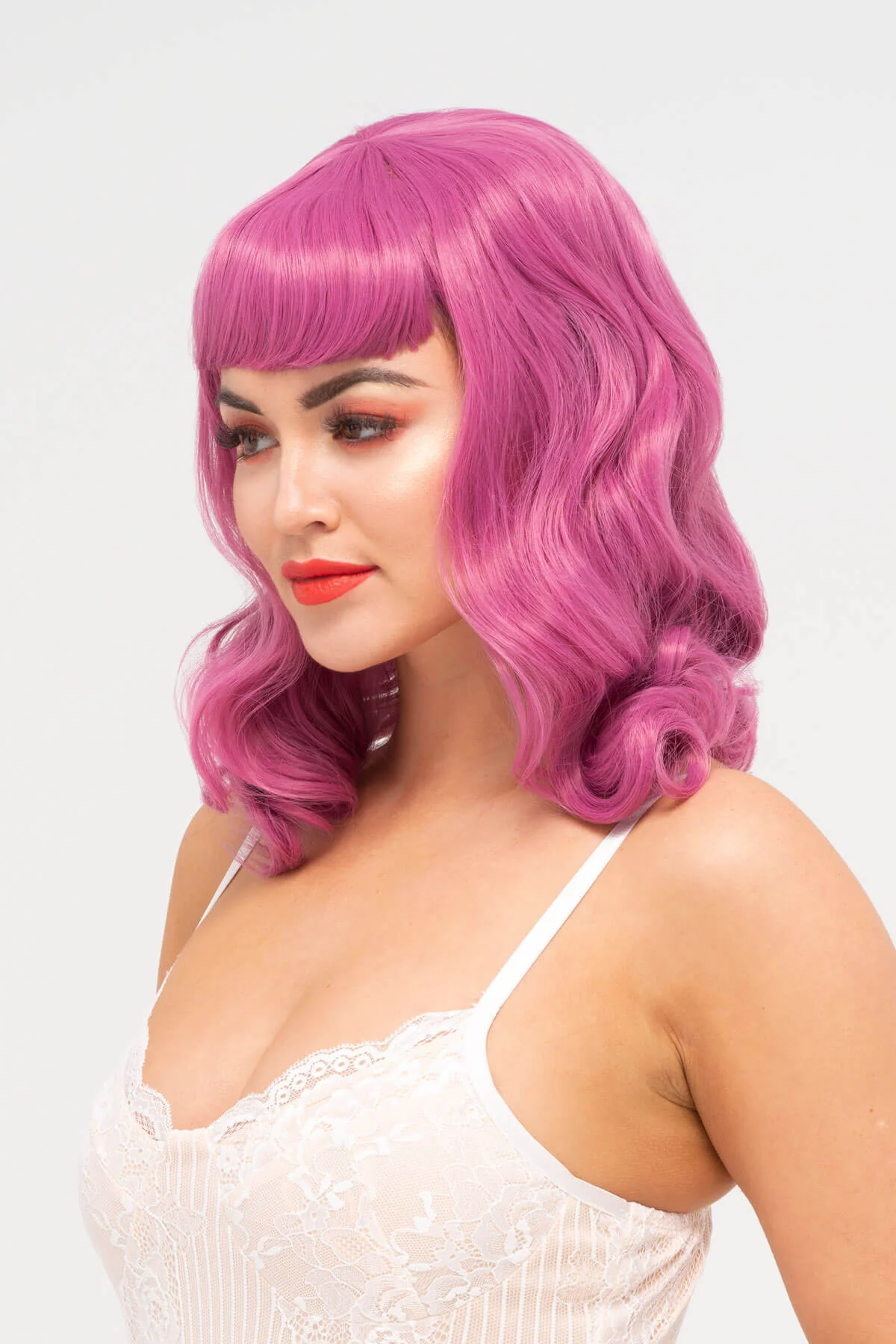 Pink pinup style wig, with finger waves and a short fringe: Stevie - Image 11