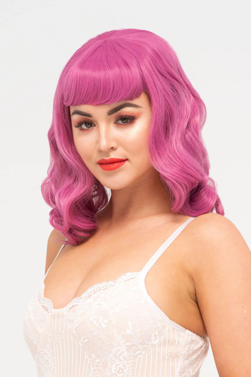 Pink pinup style wig, with finger waves and a short fringe: Stevie - Image 9