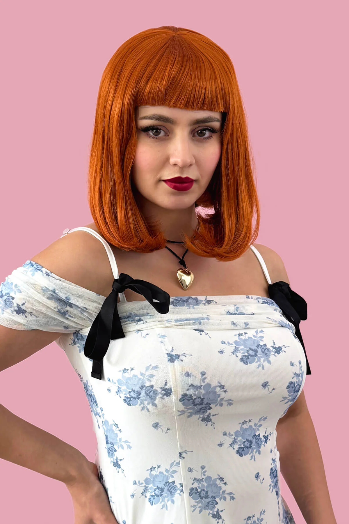 Ginger long bob wig with a short retro style fringe: Bonnie - Image 3
