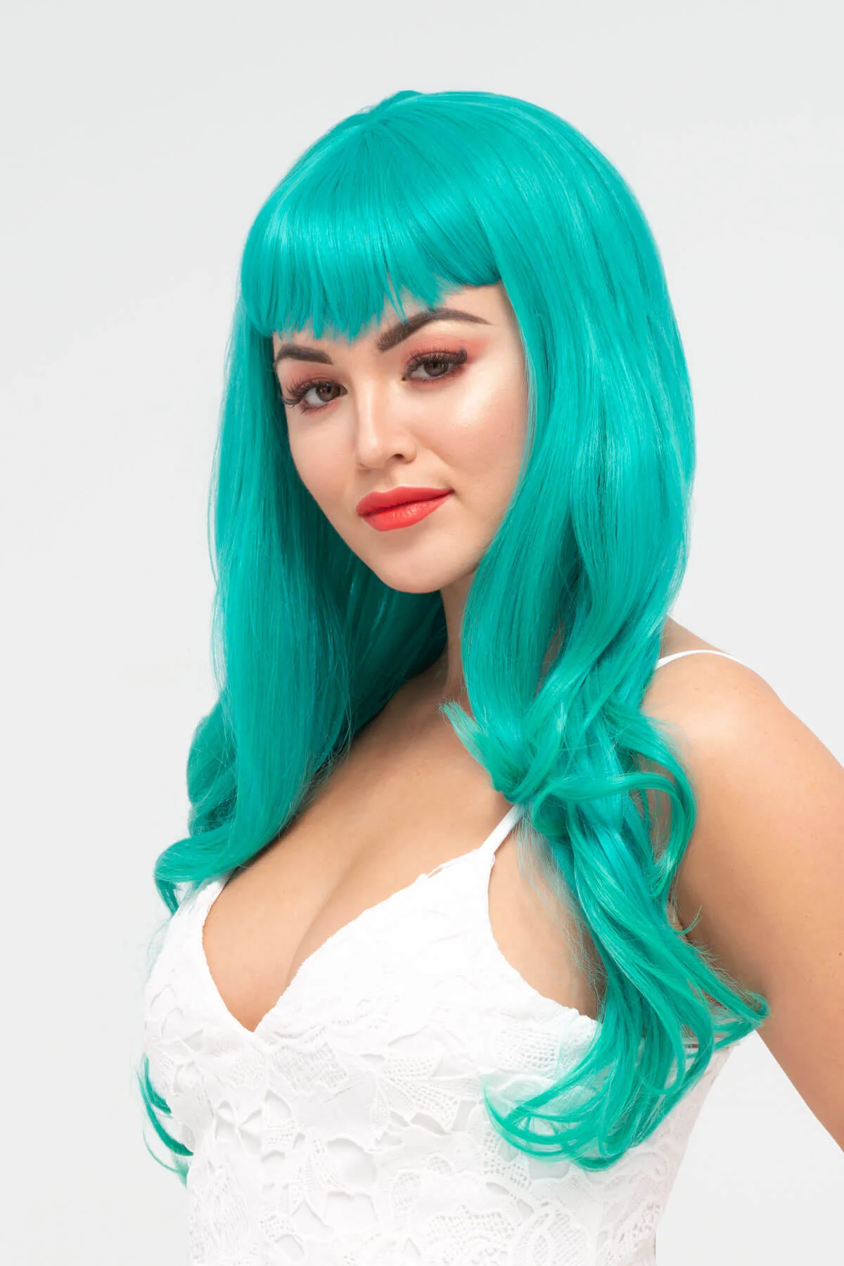 Long aqua green wig with gentle waves and vintage-style straight fringe: Natalie - Image 2