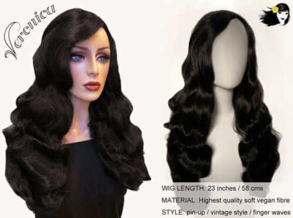 Long black pinup style wig with vintage hollywood waves: Veronica - Image 6