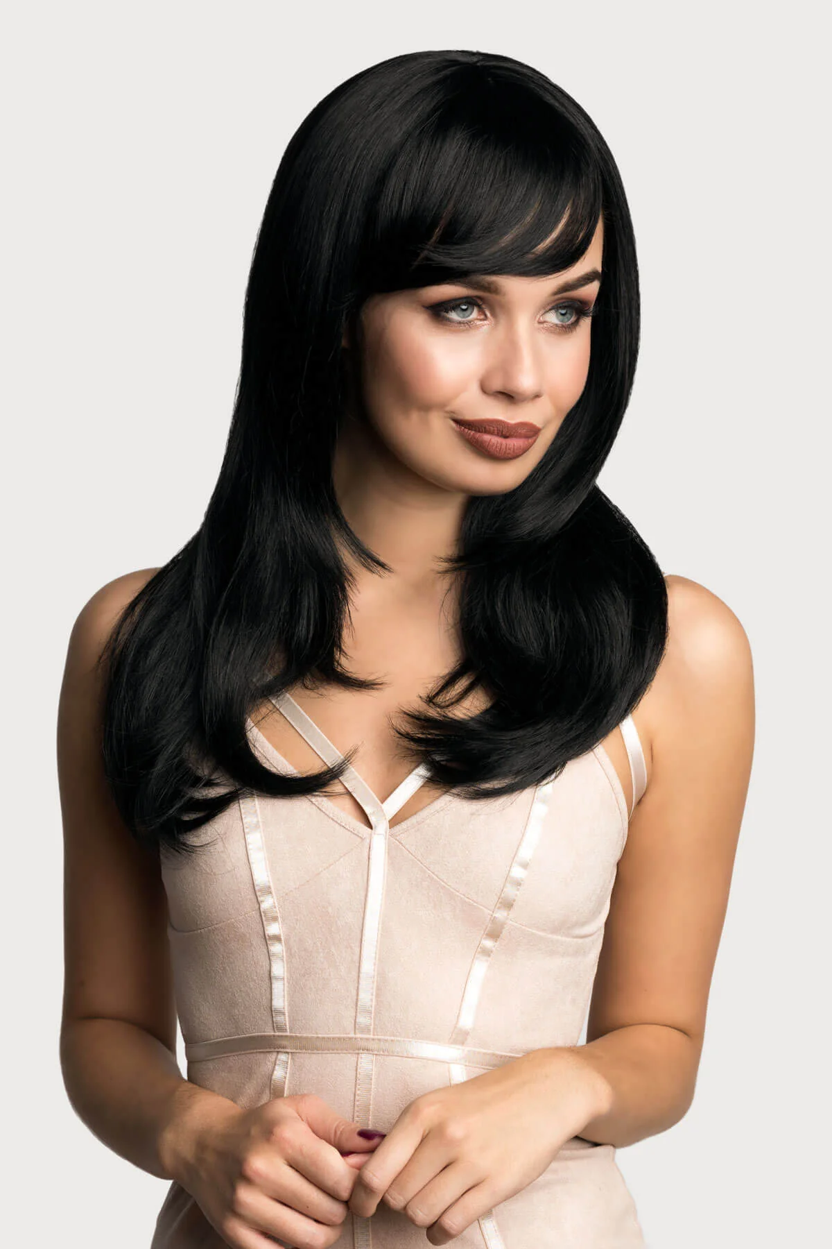 Long black wig, face frame style with full, sweeping fringe: Corina - Image 3