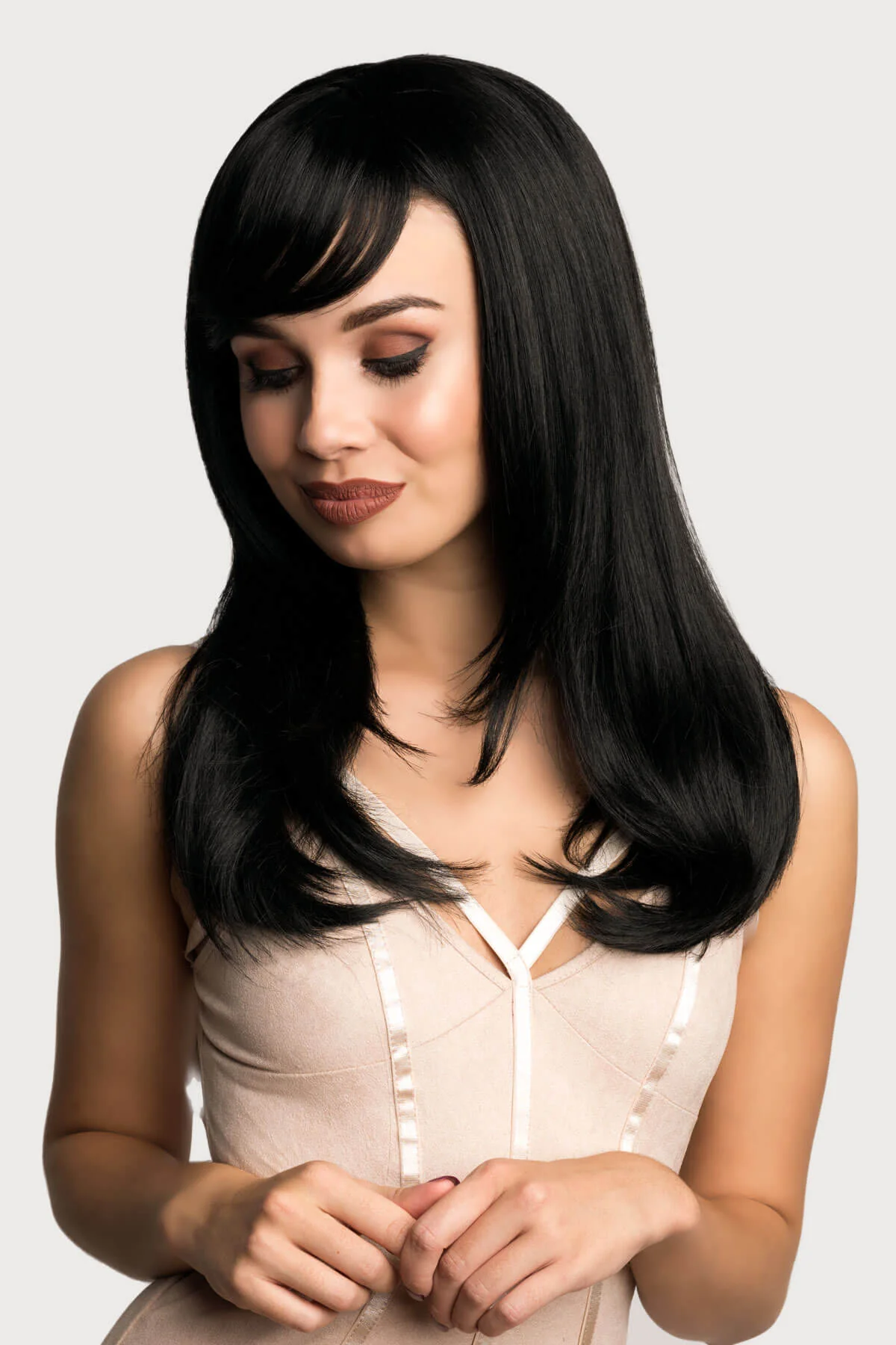 Long black wig, face frame style with full, sweeping fringe: Corina - Image 4