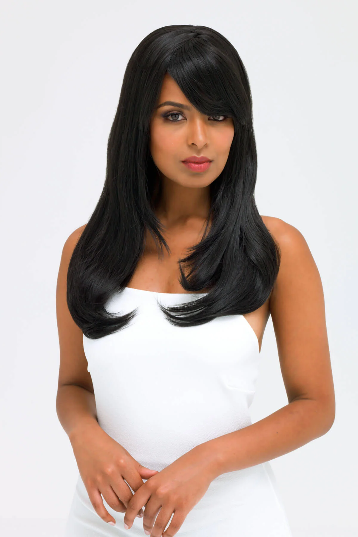 Long black wig, face frame style with full, sweeping fringe: Corina - Image 5