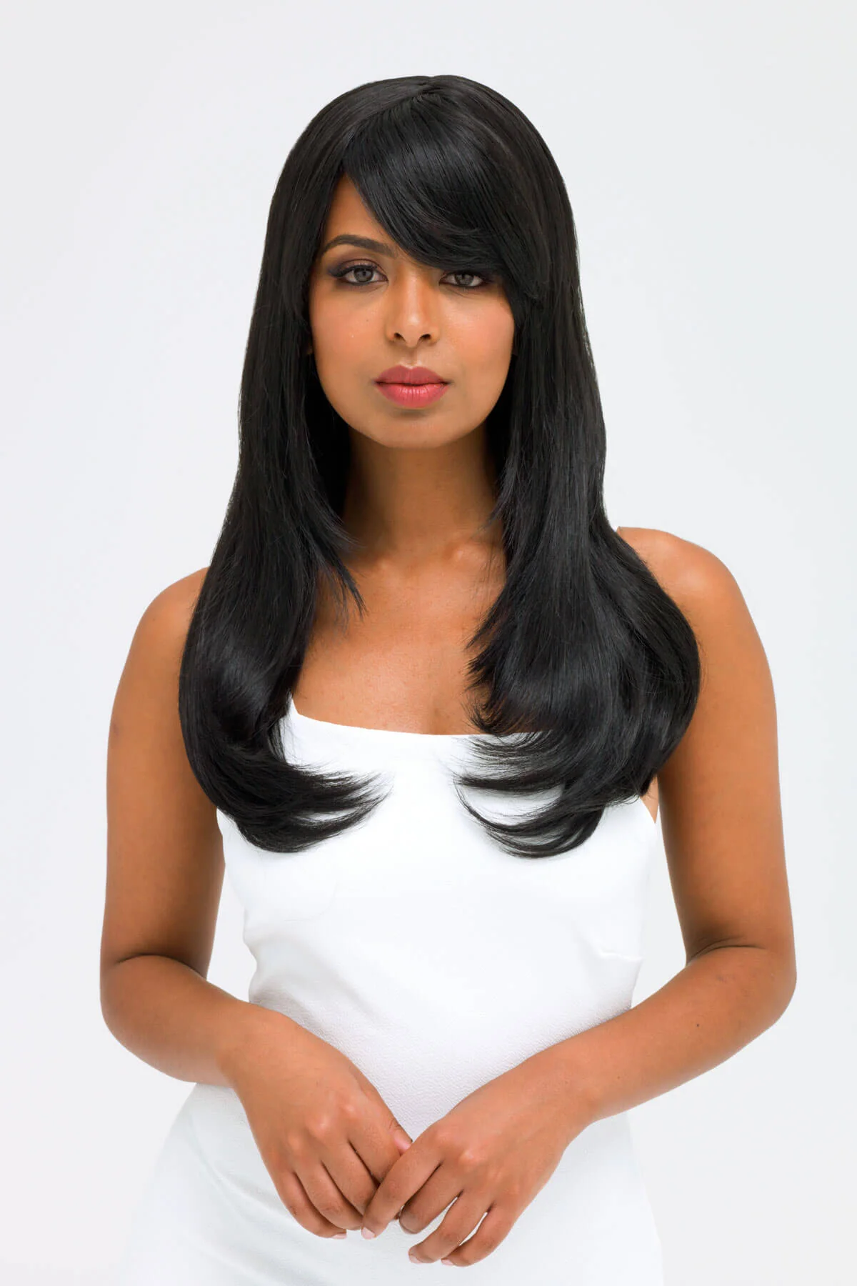 Long black wig, face frame style with full, sweeping fringe: Corina - Image 6