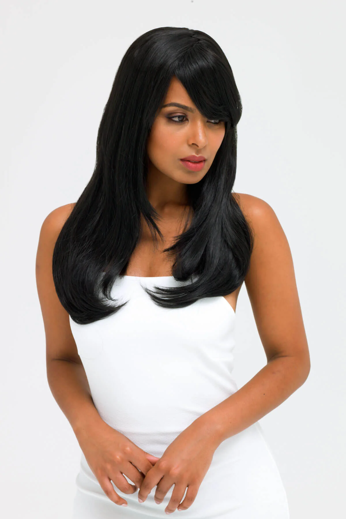 Long black wig, face frame style with full, sweeping fringe: Corina - Image 7