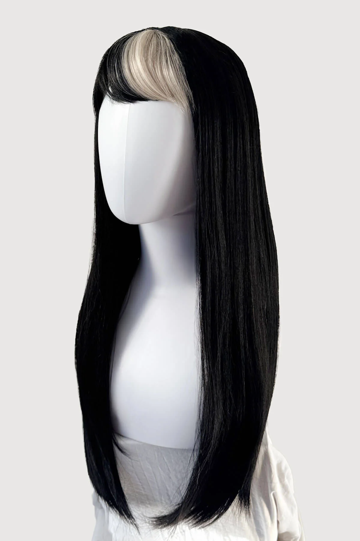 Long, black, straight wig with platinum fringe streak and retro, straight fringe: Imogen - Image 4