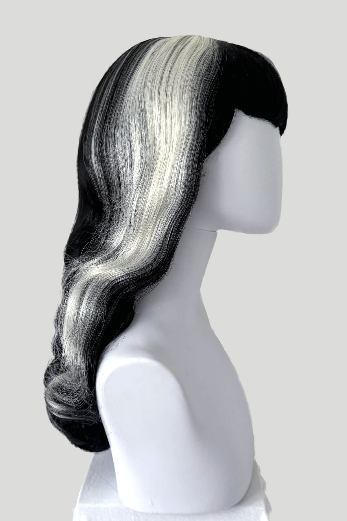 Long black pin-up style wig with platinum streak and retro fringe: Michelle - Image 4