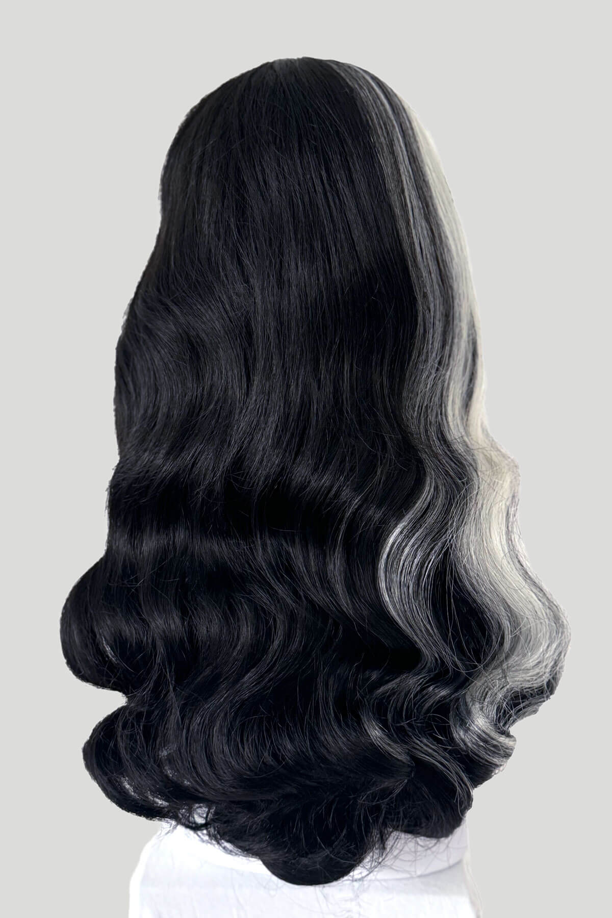 Long black pin-up style wig with platinum streak and retro fringe: Michelle - Image 6