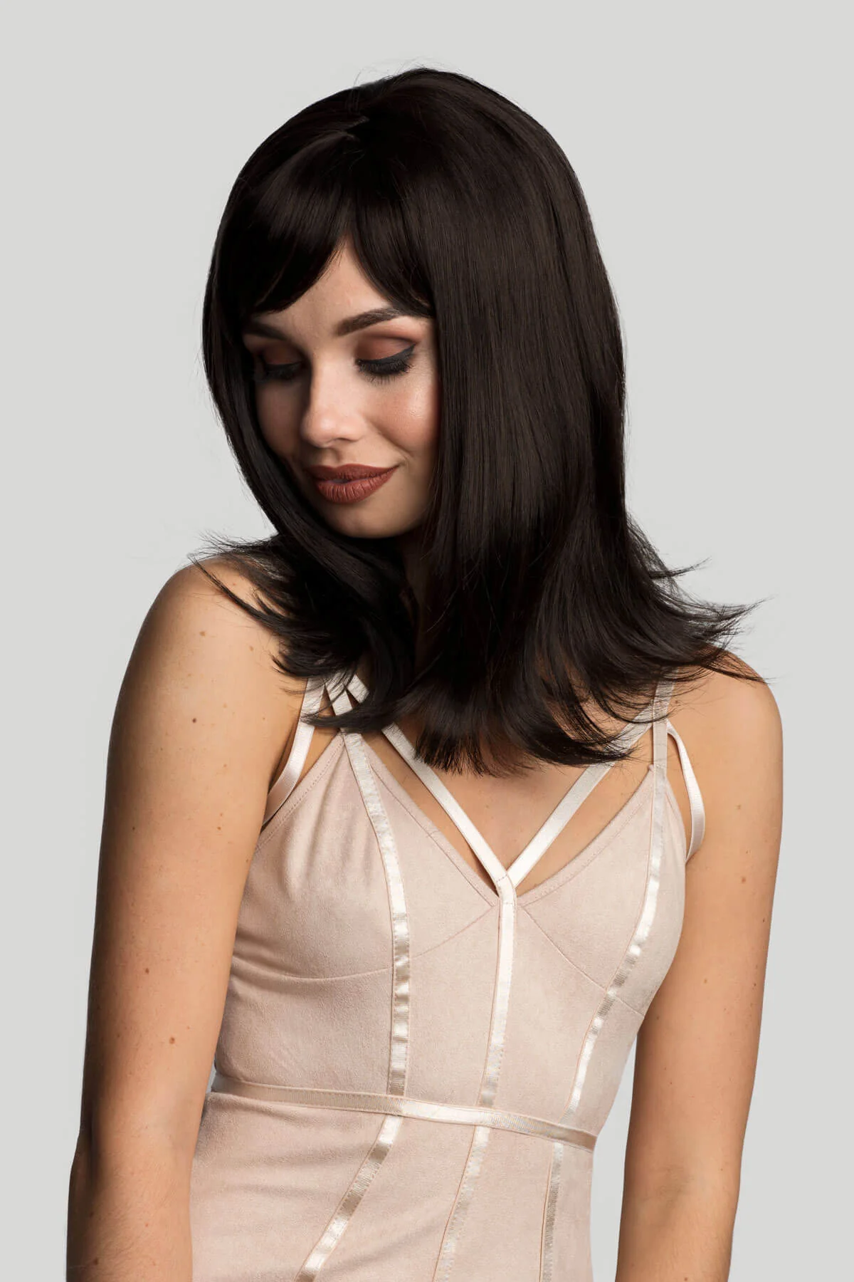 Brown long bob wig, layered with straight fringe: Katia - Image 10