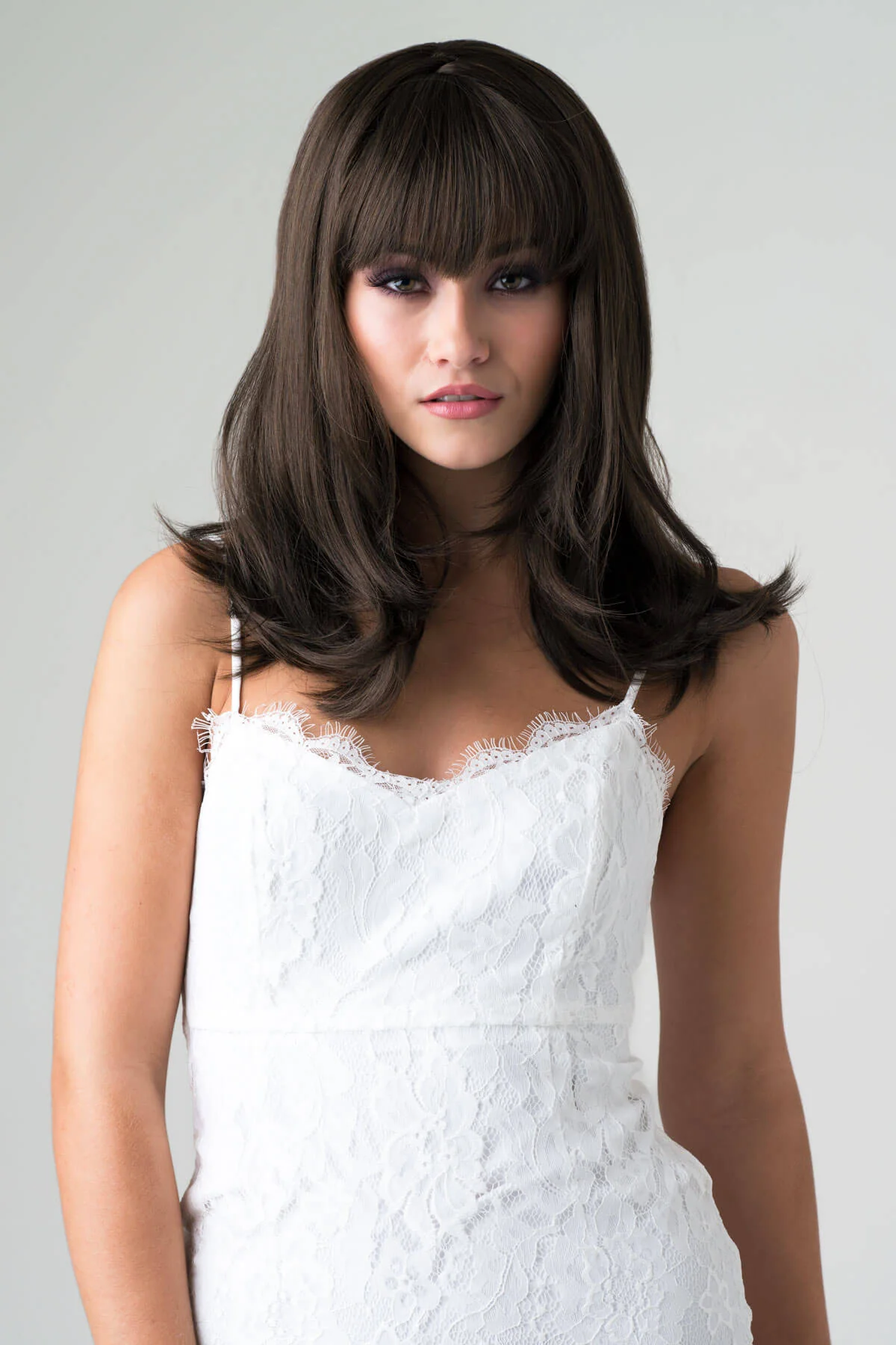 Brown long bob wig, layered with straight fringe: Katia - Image 12