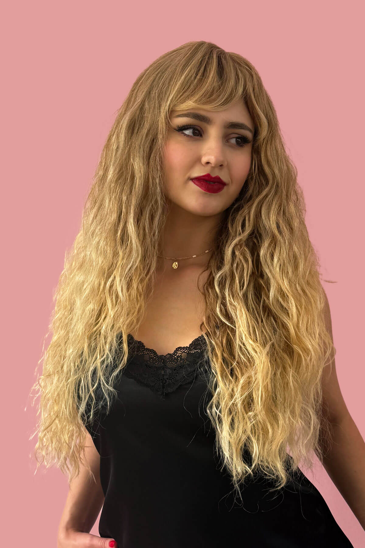 Long brown crimped wig, brown and blonde dip dye (ombre): Tiggy - Image 3