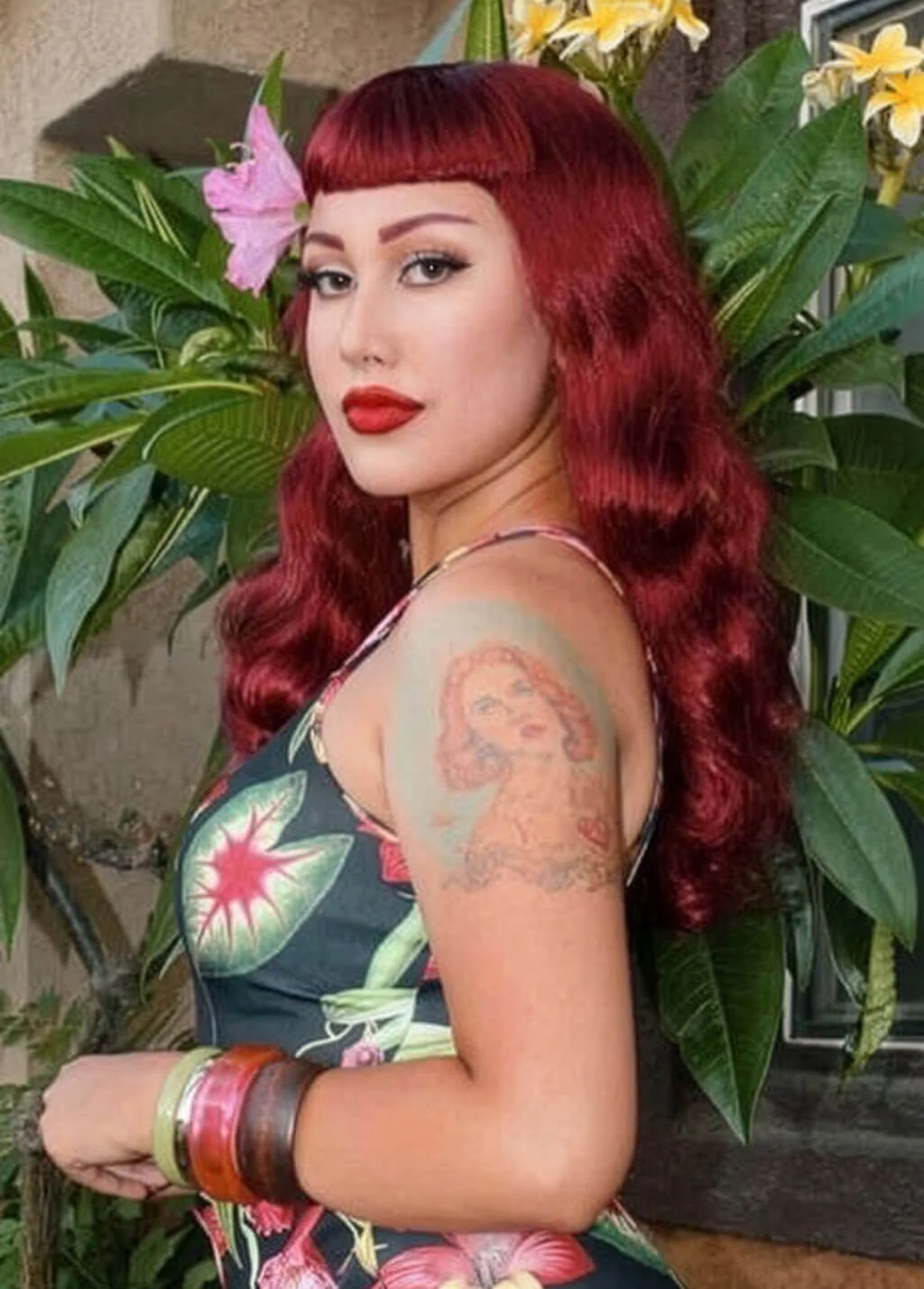 Long cherry red pin-up wig, gently wavy with short fringe: Maeve - Image 7