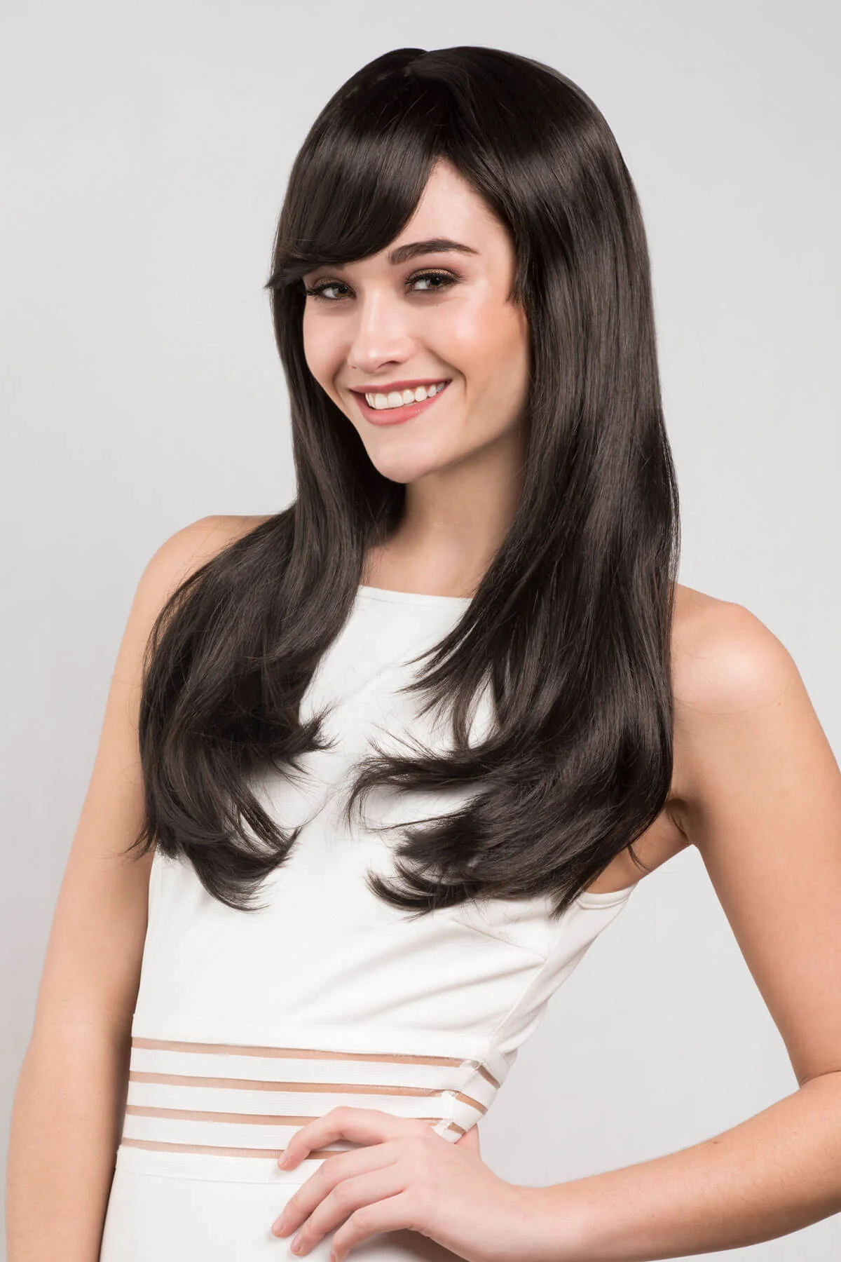 Long dark brown wig, layered face frame style: Lucy - Image 3