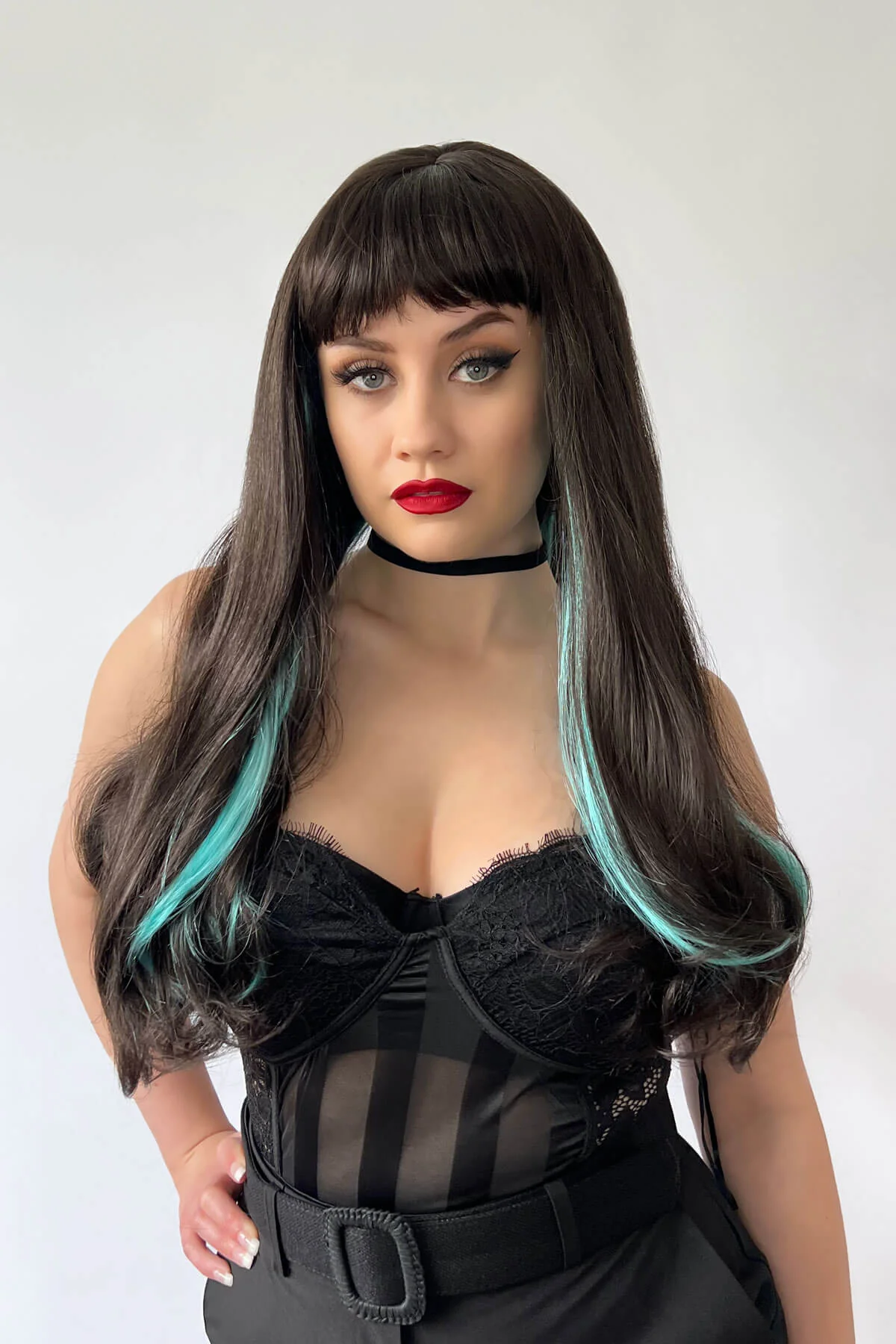 Long dark brown wig with blue streaks and a straight fringe: Cyane - Image 2