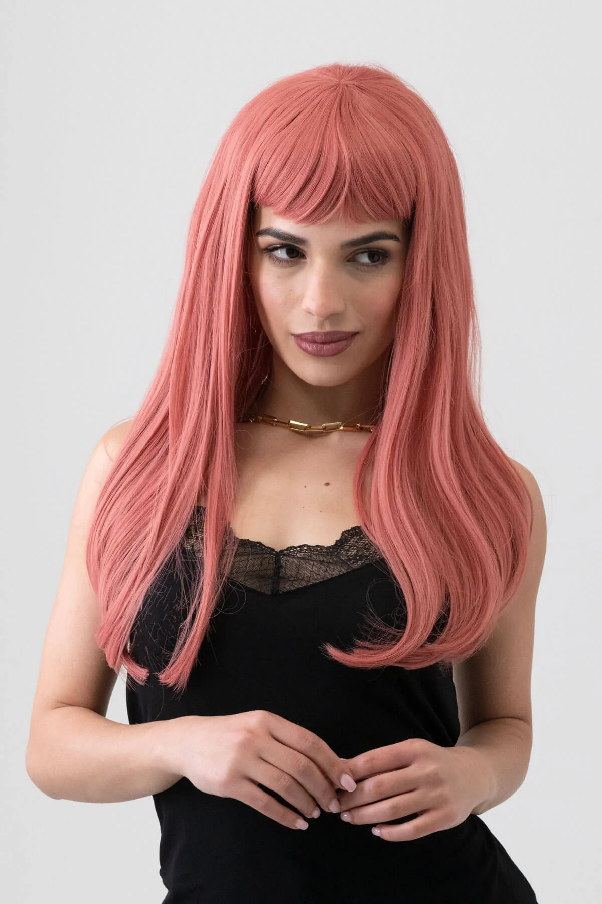 Long Pink Wig With Short, Straight Fringe: Stephanie - Image 3
