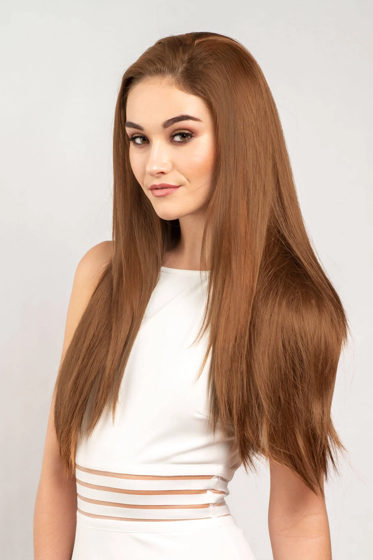 Faye - Poker Straight Sleek Extra Long Brown Half Wig - Image 21