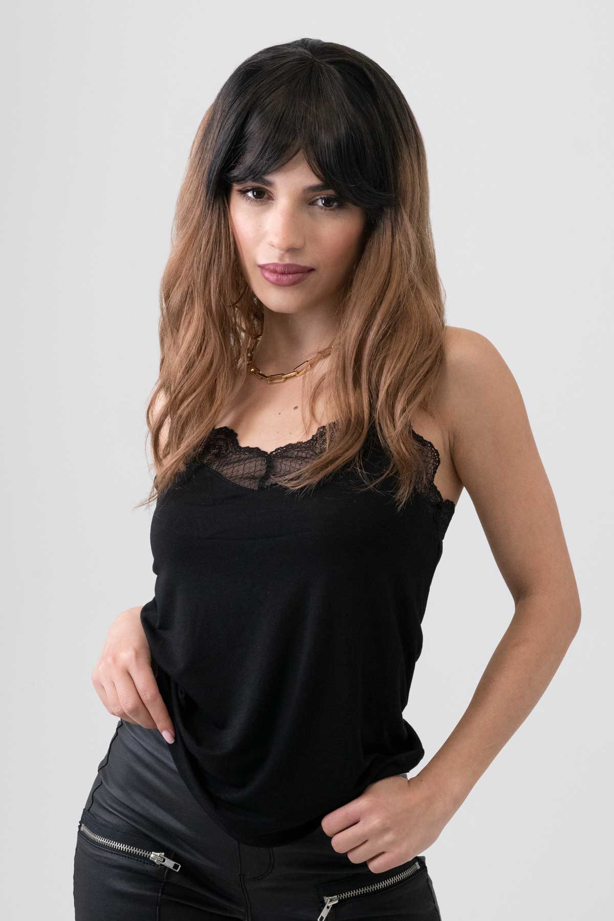 Long wavy bob wig (lob), dark brown to light brown ombre: Rowena - Image 2