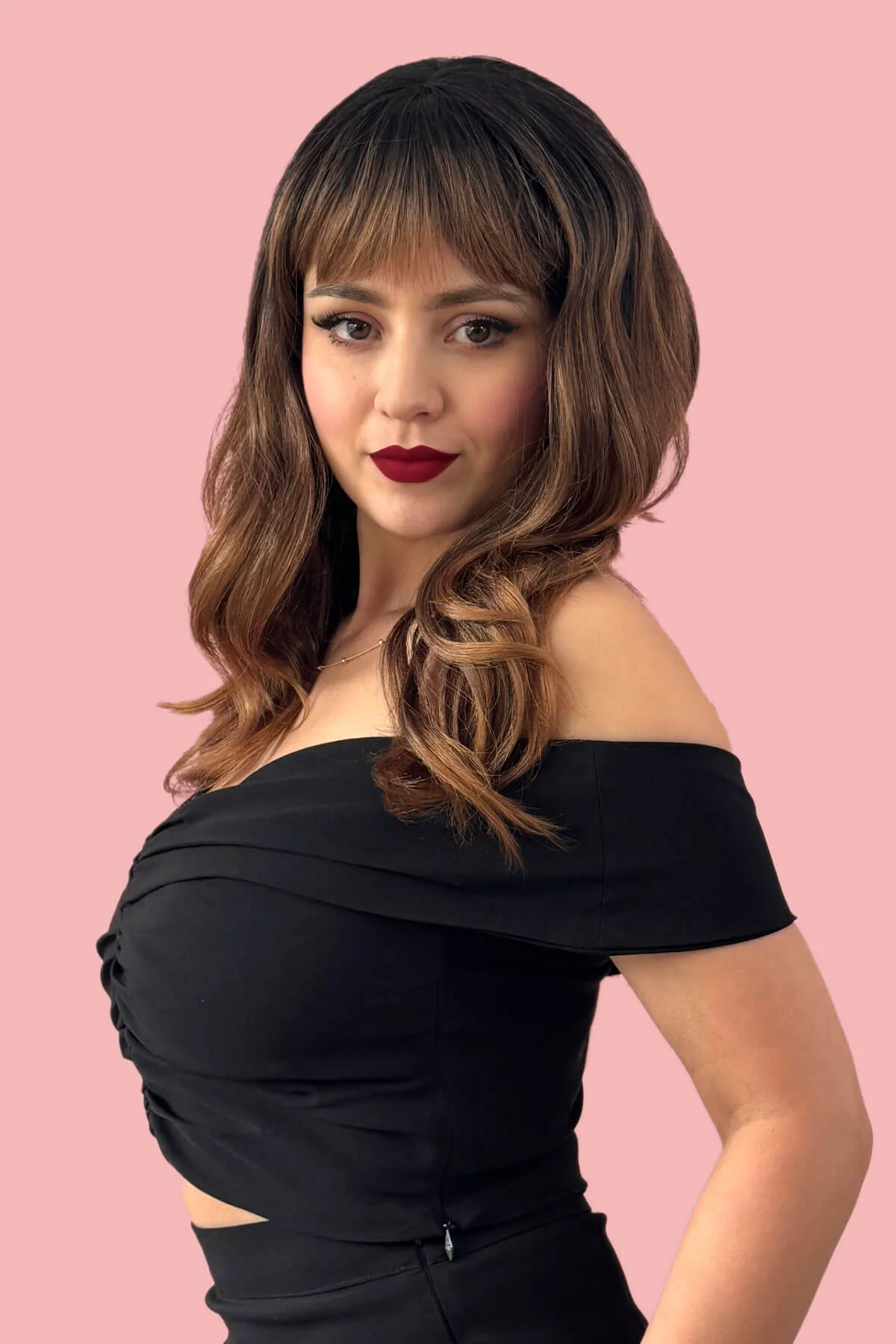 Ombre brown wig with reddish brown highlights & waves: Serenity - Image 3