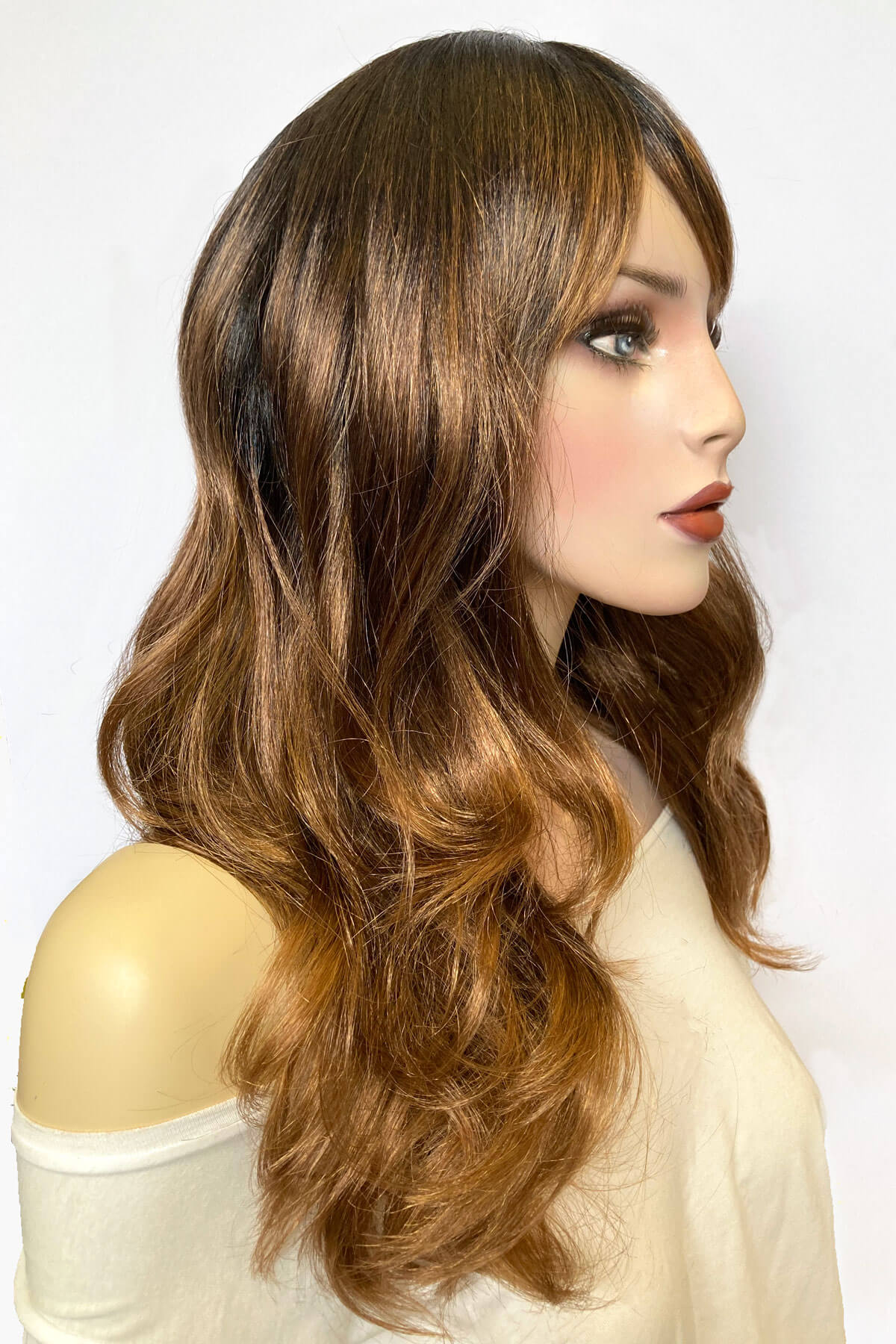 Ombre brown wig with reddish brown highlights & waves: Serenity - Image 7