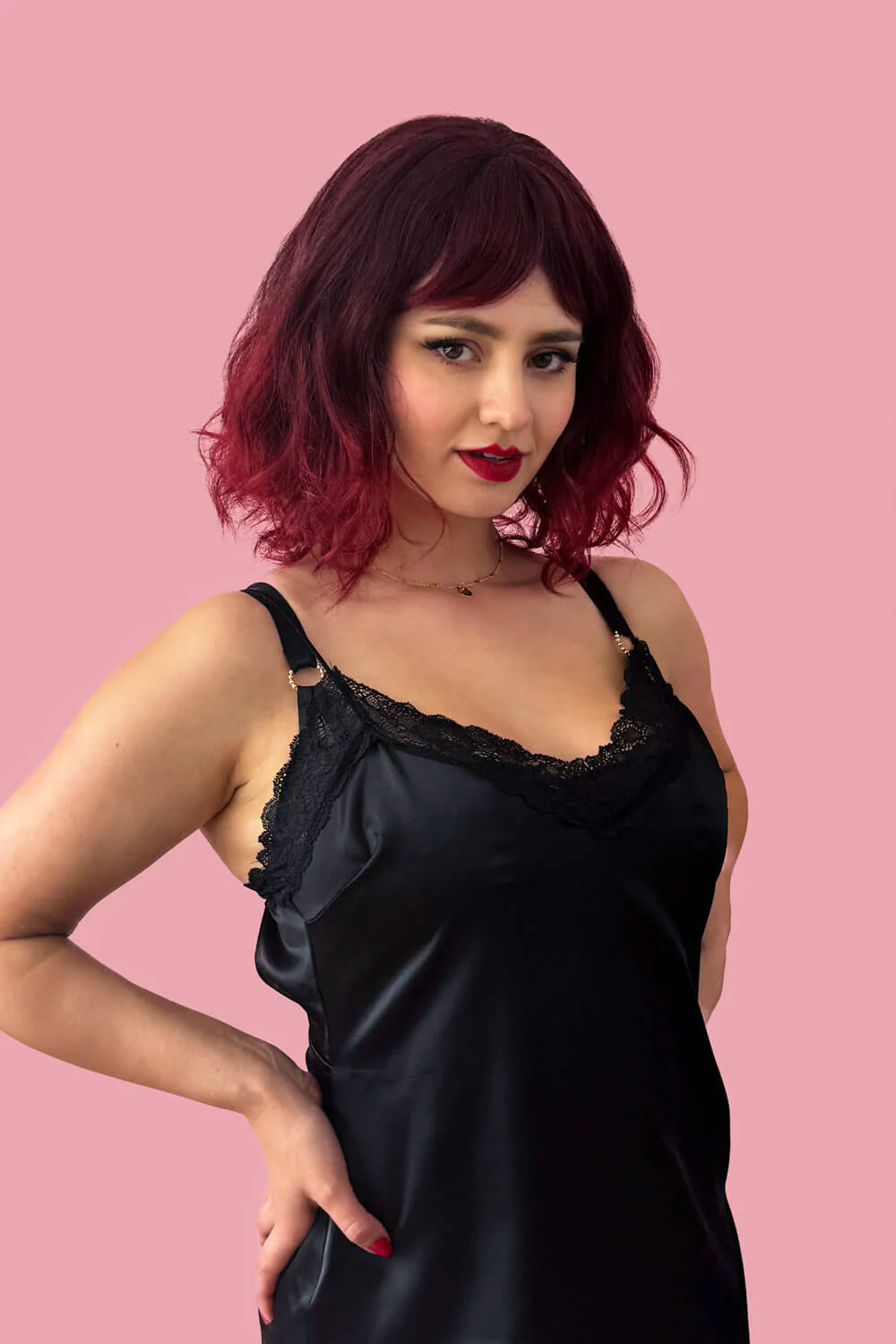 Red and black long wavy bob (lob) wig with swept fringe: Blaze - Image 2