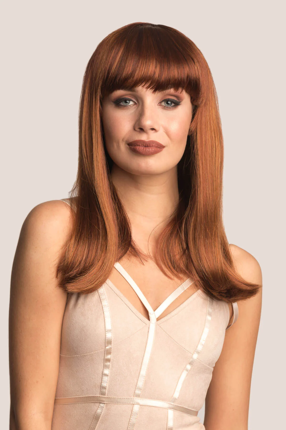 Red/Auburn wig with blonde highlights and straight fringe: Abi - Image 3