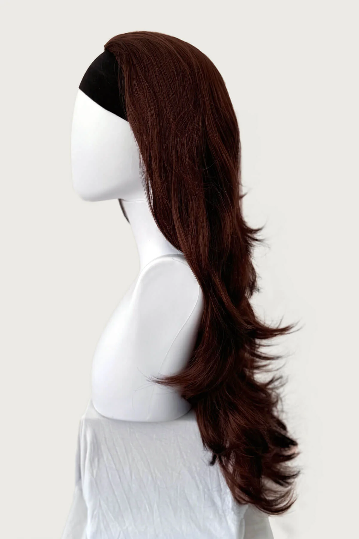 Reddish brown half wig hairpiece with long, gentle waves: Heather - Image 4