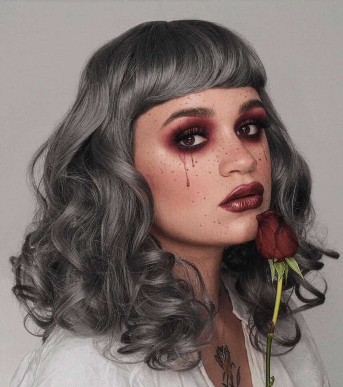 Silver-grey pin-up style wig with long waves and short fringe: Dotty - Image 5